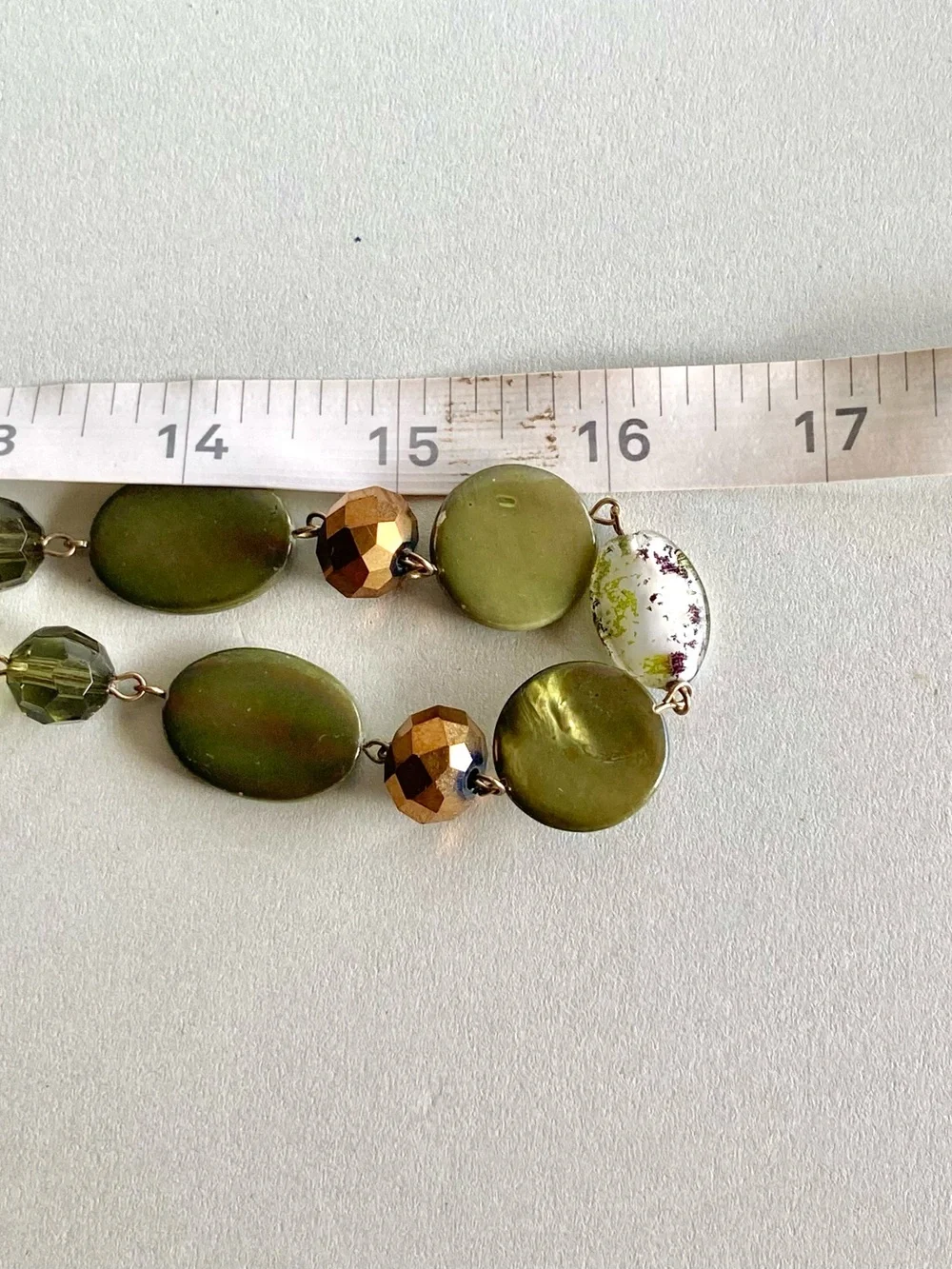 Gold and silver tone Chain Necklace with Light Green Beads signed EL